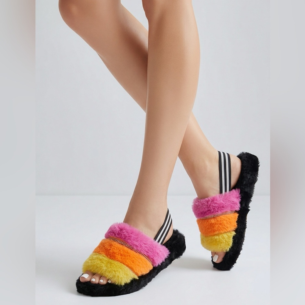 MDT plush fur Womens Slingback Slide Sandals Multicolor Striped​